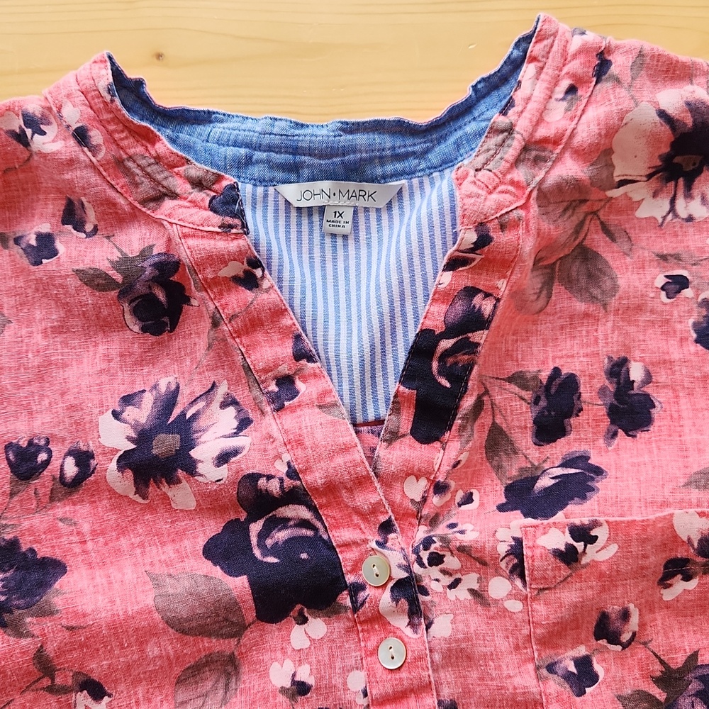 John Mark Tunic Top Women Size 1X Linen V Neck Button Cottagecore Hippie Boho - Picture 5 of 17